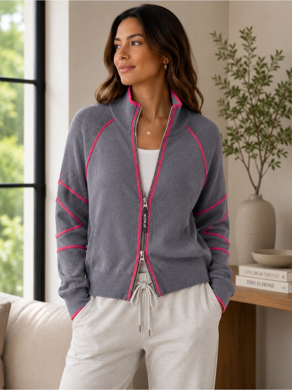 ATHLETA Merino Wool Full Zip Sweater Jacket Grey Hot Pink Trim Large